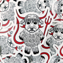 Load image into Gallery viewer, Highland Cow in a Devil Costume | 3-inch Waterproof Sticker - Scaredy Cat Studio