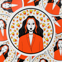 Load image into Gallery viewer, Candy Corn Girl | 3-inch Waterproof Sticker - Scaredy Cat Studio
